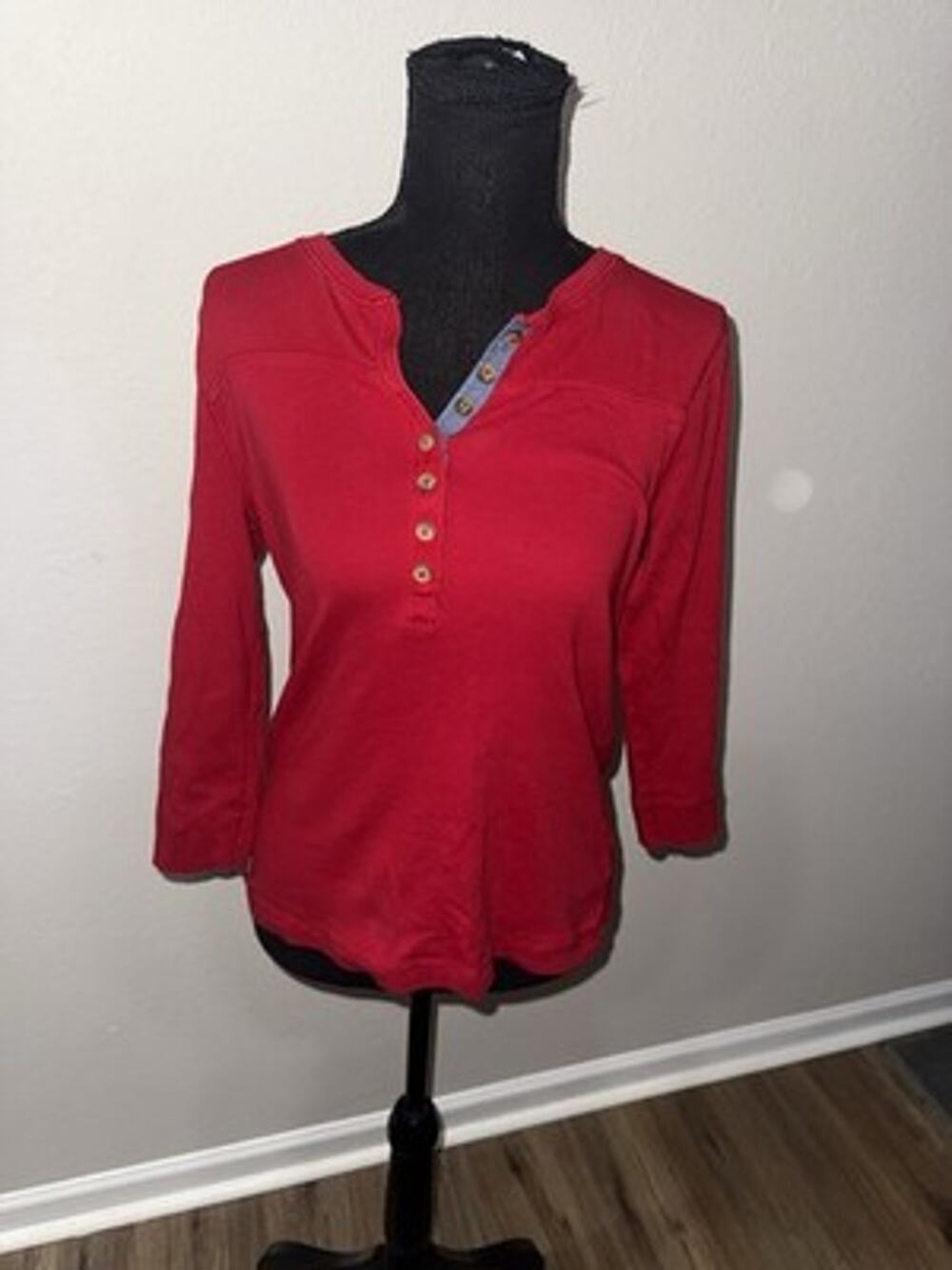 Ralph Lauren LRL Medium Red Henley Top Waffle Knit Denim Accents Cotton